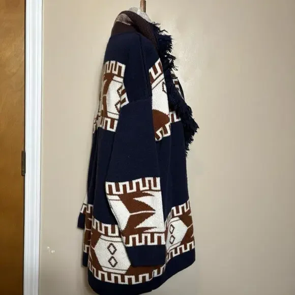 Cocogio Fringed Open Fron Cardigan Sweater Womens Sz L Aztec Boho Western Italy - Picture 2 of 16